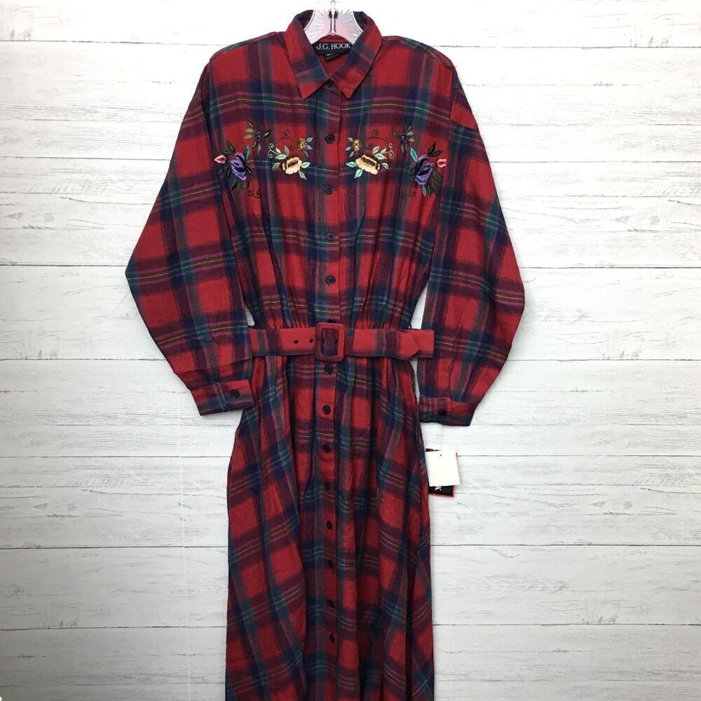 Vintage J.G. Hook Red Plaid Flannel Dress Floral Embroidery Long Sleeves Belt 8